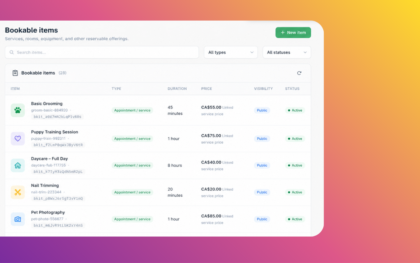 Getme Bookings mixed service models — combining consultations, in-person, online, and paid bookings.