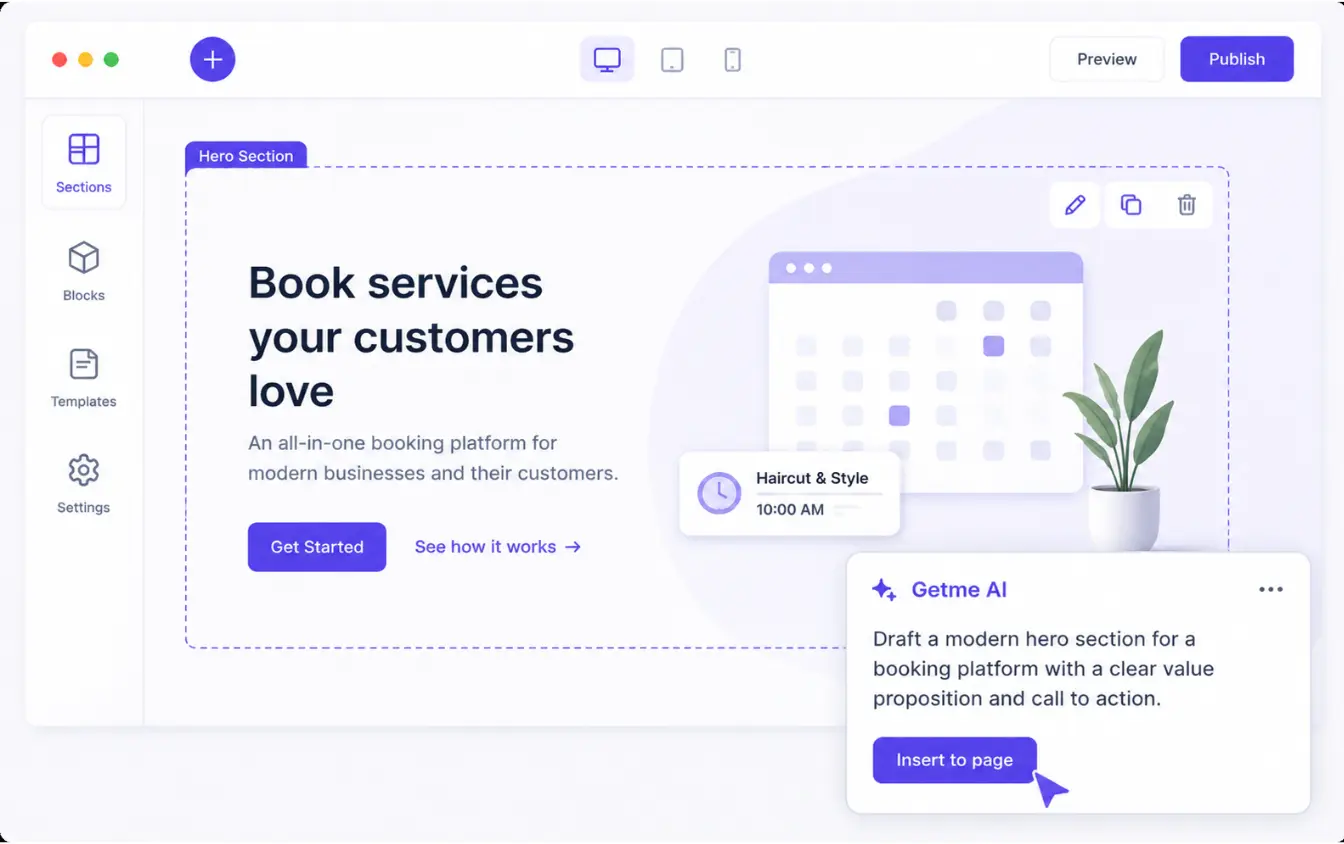 Getme AI drafting a site section — a hero, FAQ, or product block generated inside Sites.