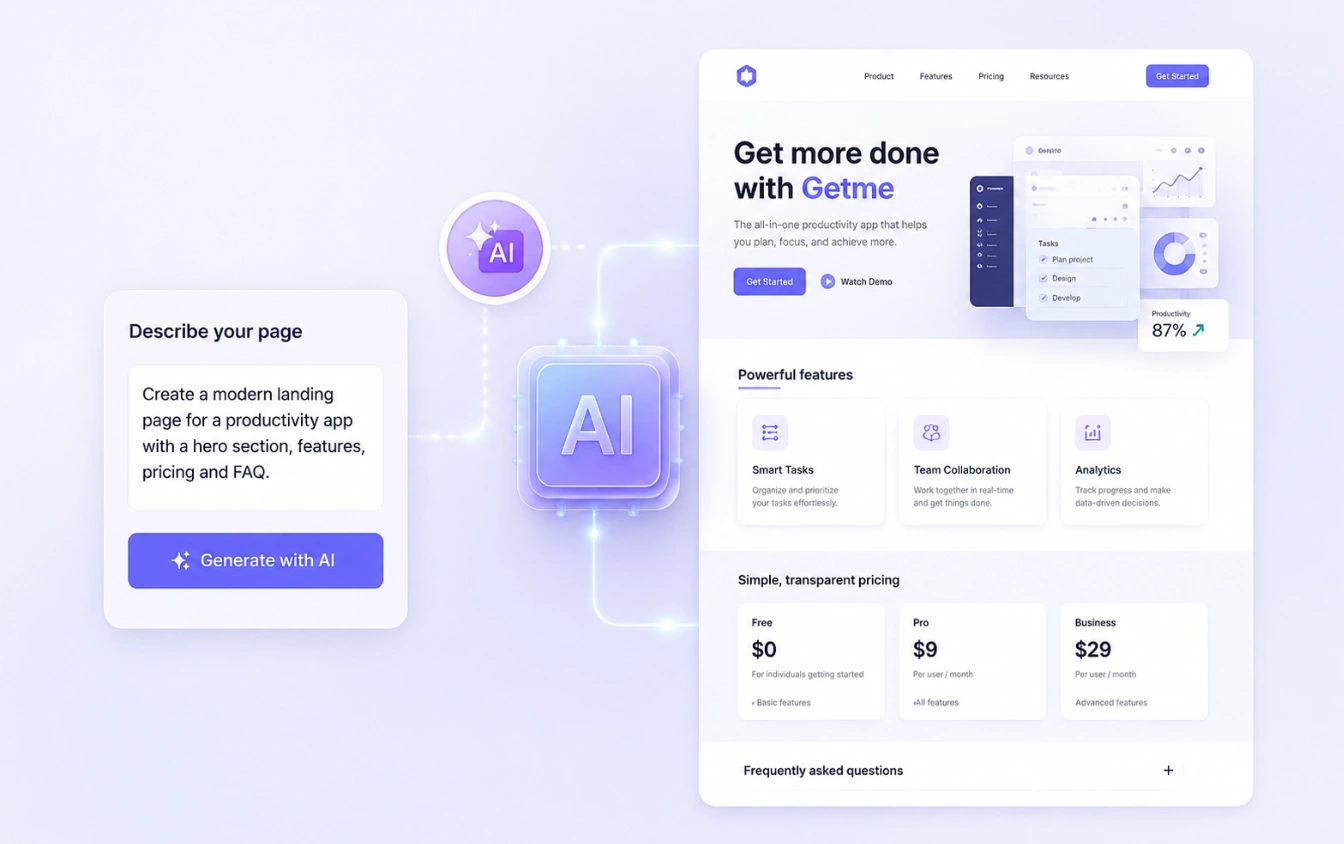 Getme Sites AI page generation drafting page structure and copy from a prompt, ready to refine.