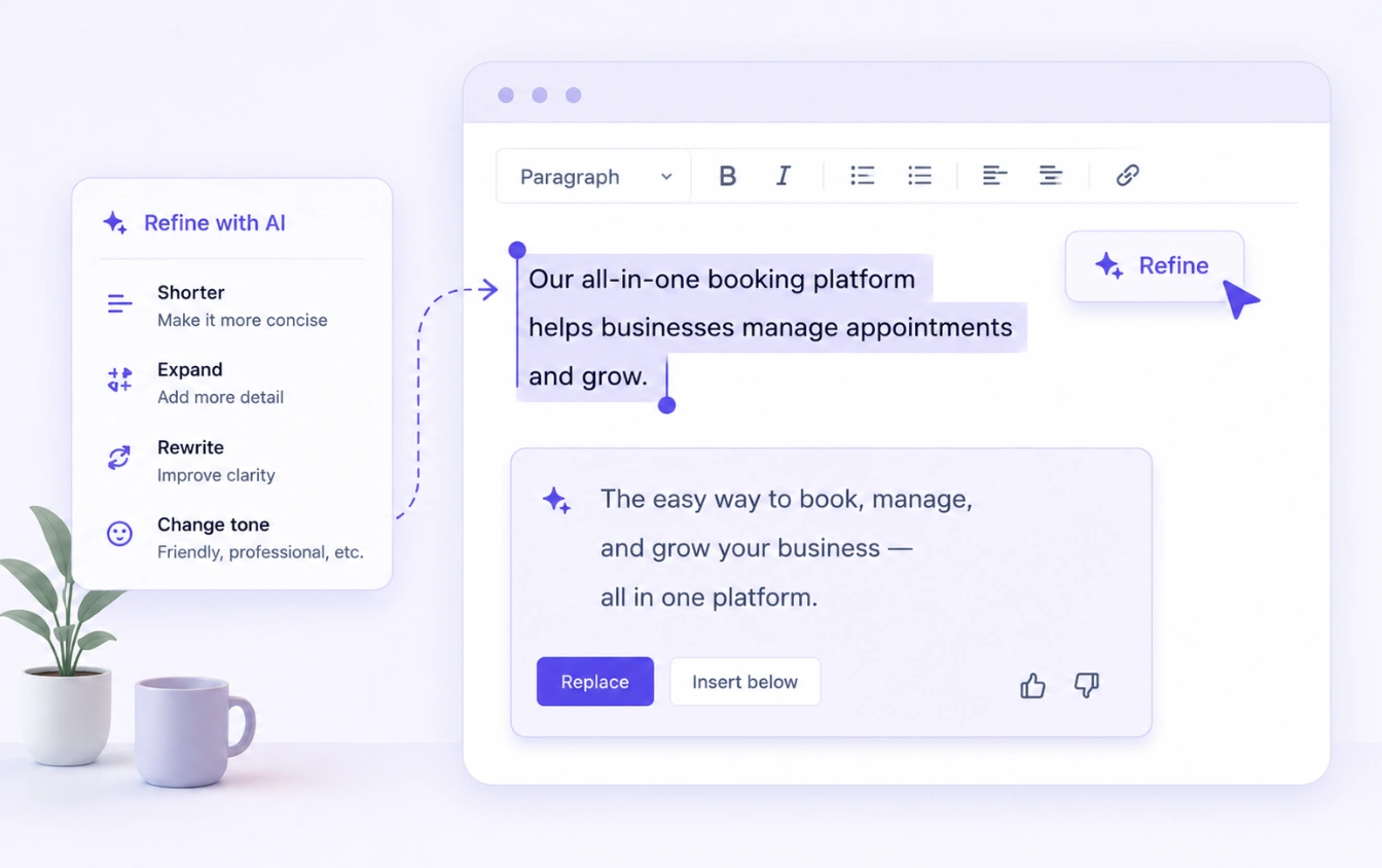 Getme AI refining wording — shortening, expanding, or rewriting copy in a different tone.