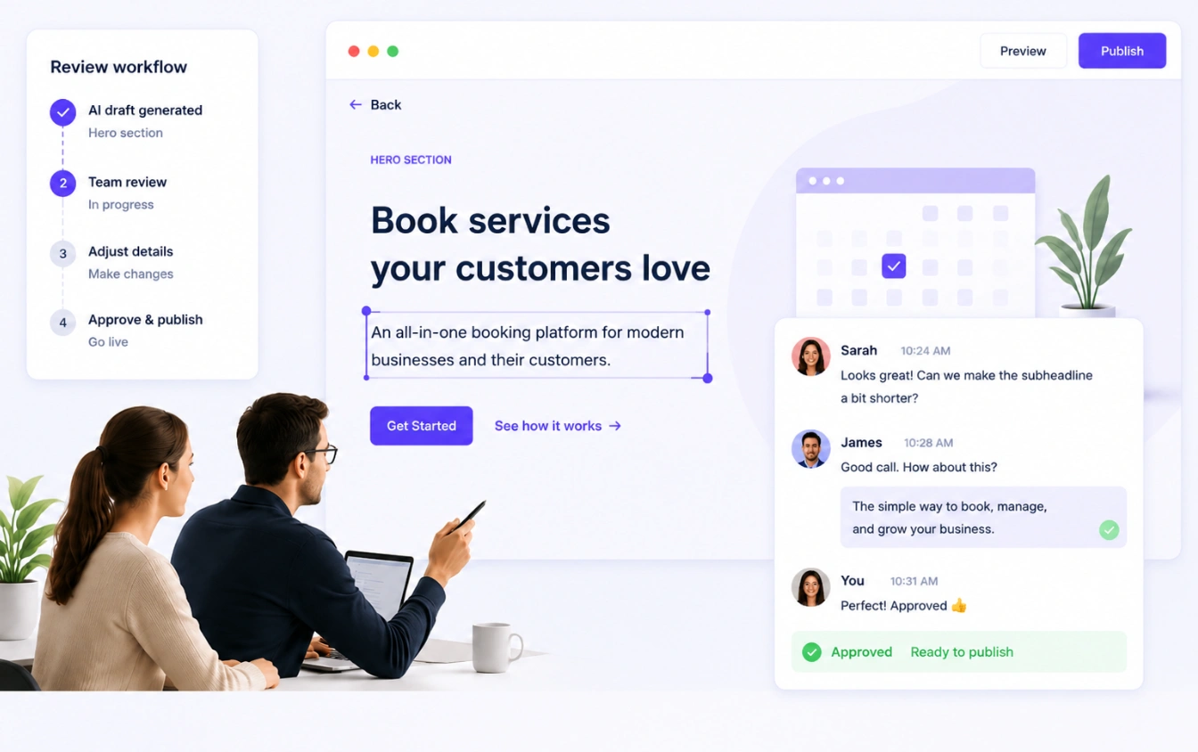 Getme AI review-before-publishing step — the team reviewing and approving the AI draft.