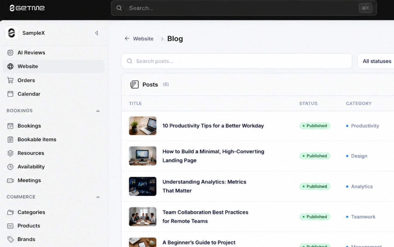 Getme Sites blog and document-driven content — long-form articles and dynamic pages in one site.
