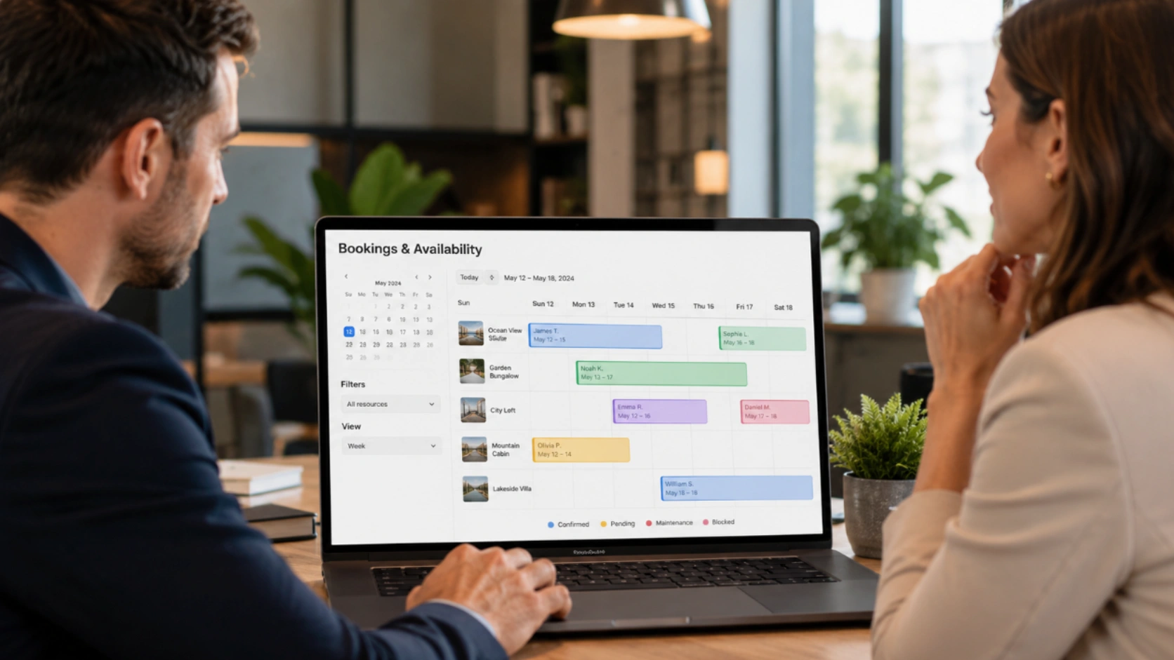 Getme Bookings calendar view showing appointment availability across staff and branches.