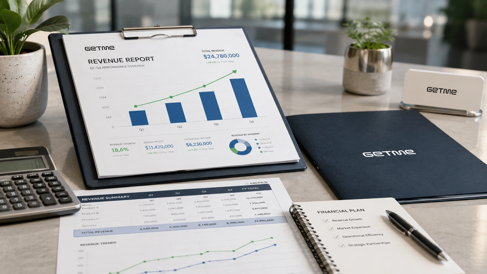Getme Bookings revenue view for paid appointments, refunds, and service income.