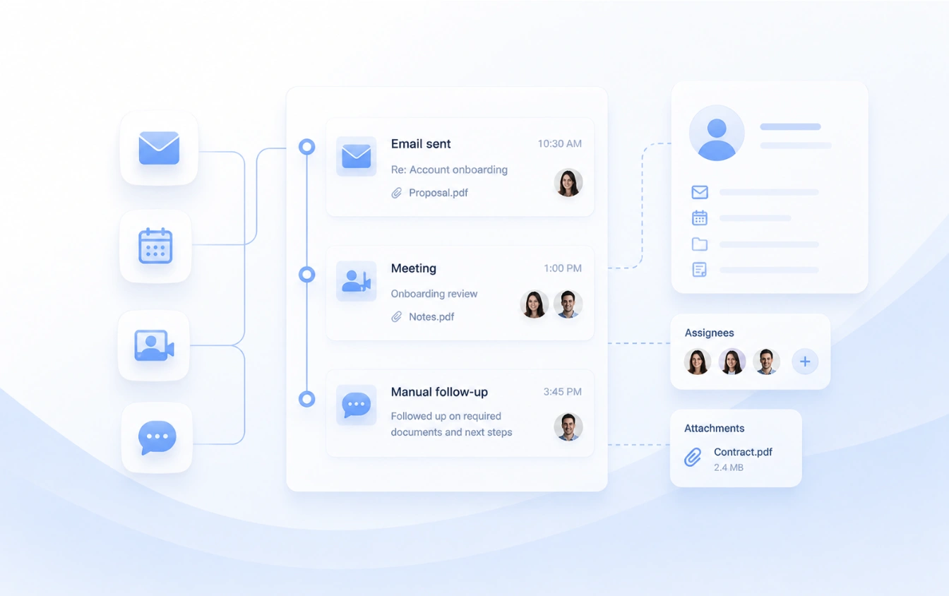 Getme CRM communications timeline — emails, calls, meetings, and follow-ups logged per customer.