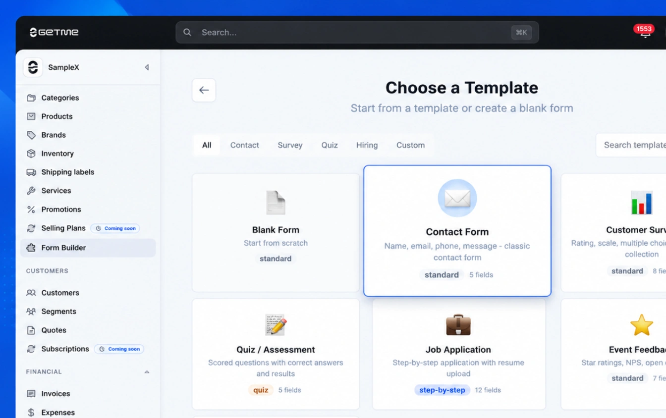 Getme Forms contact form capturing enquiries straight into the workspace.