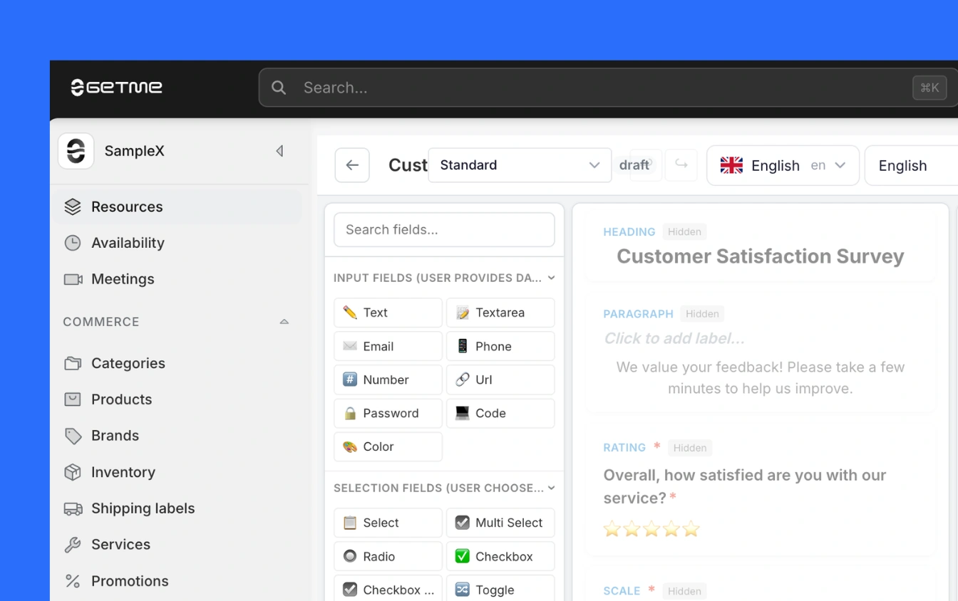 Getme Forms customer survey with conditional questions and aggregate reporting.