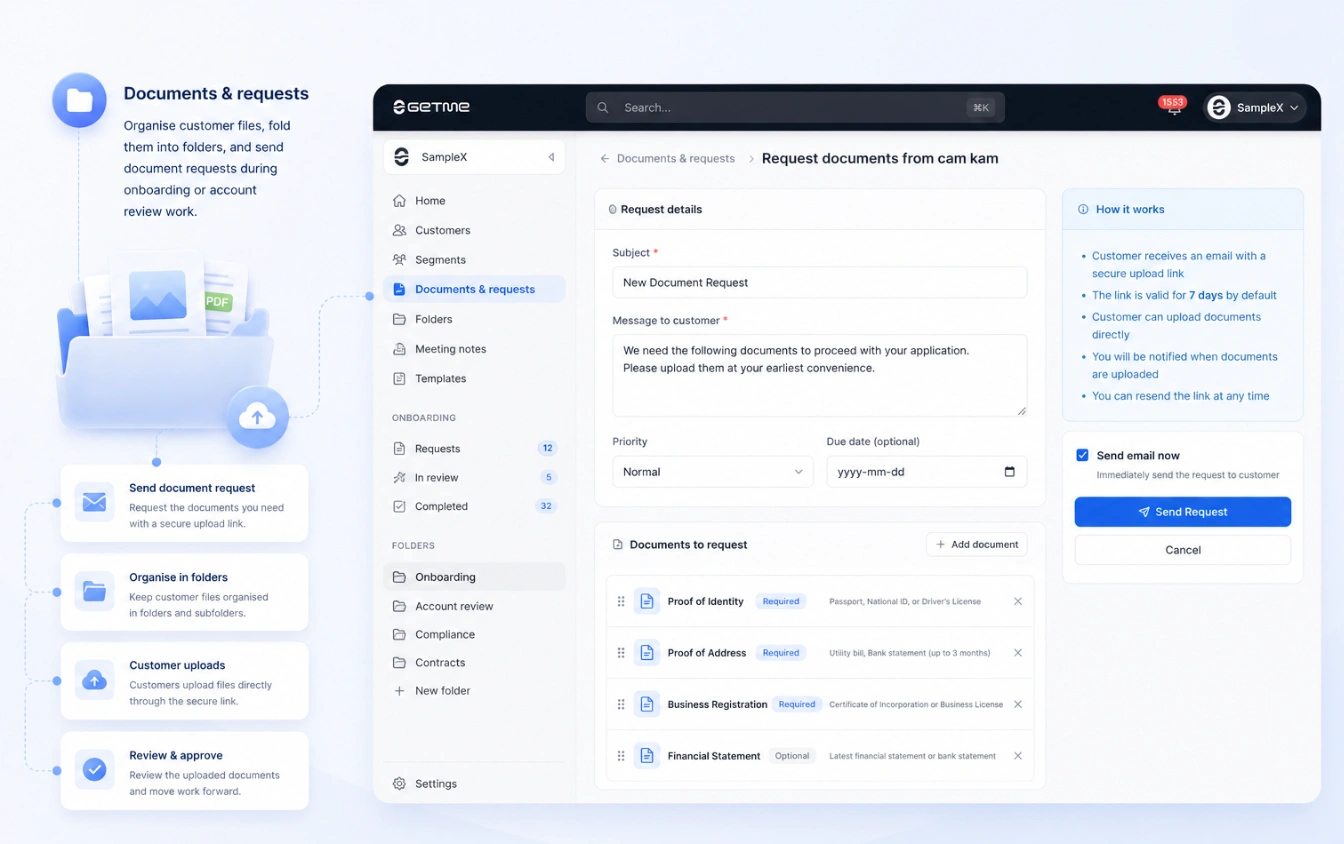 Getme CRM documents and requests — customer files in folders and outgoing document requests.