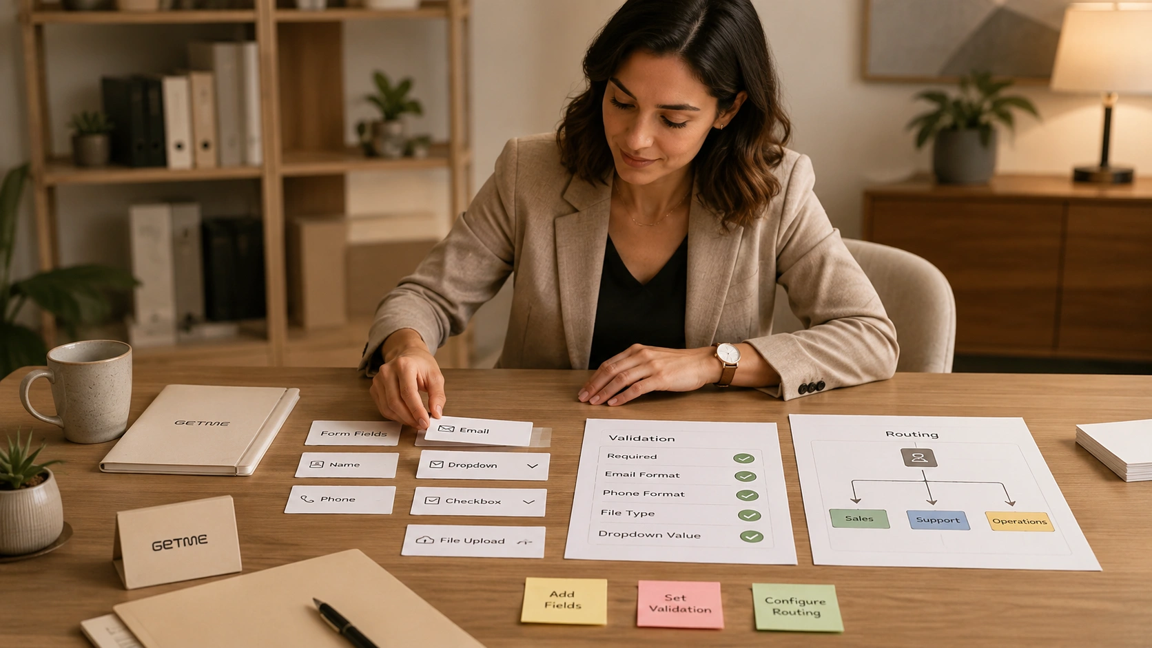 Getme Forms visual builder for drag-and-drop fields, validation, and routing.