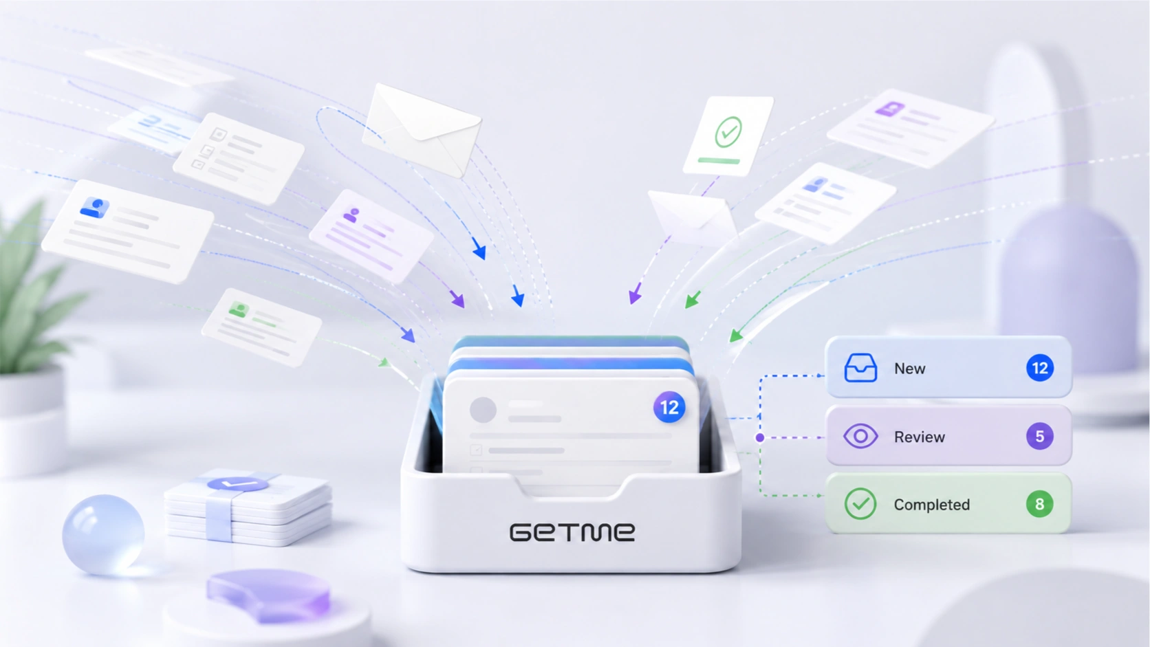 Getme Forms submissions inbox for customer responses, status filters, and assignees.