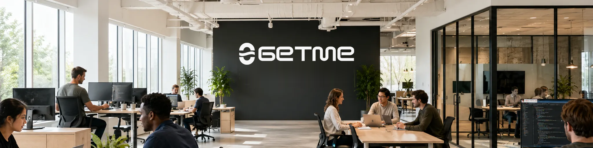 The Getme Technologies office in Vancouver, with the team at work under the company mark.