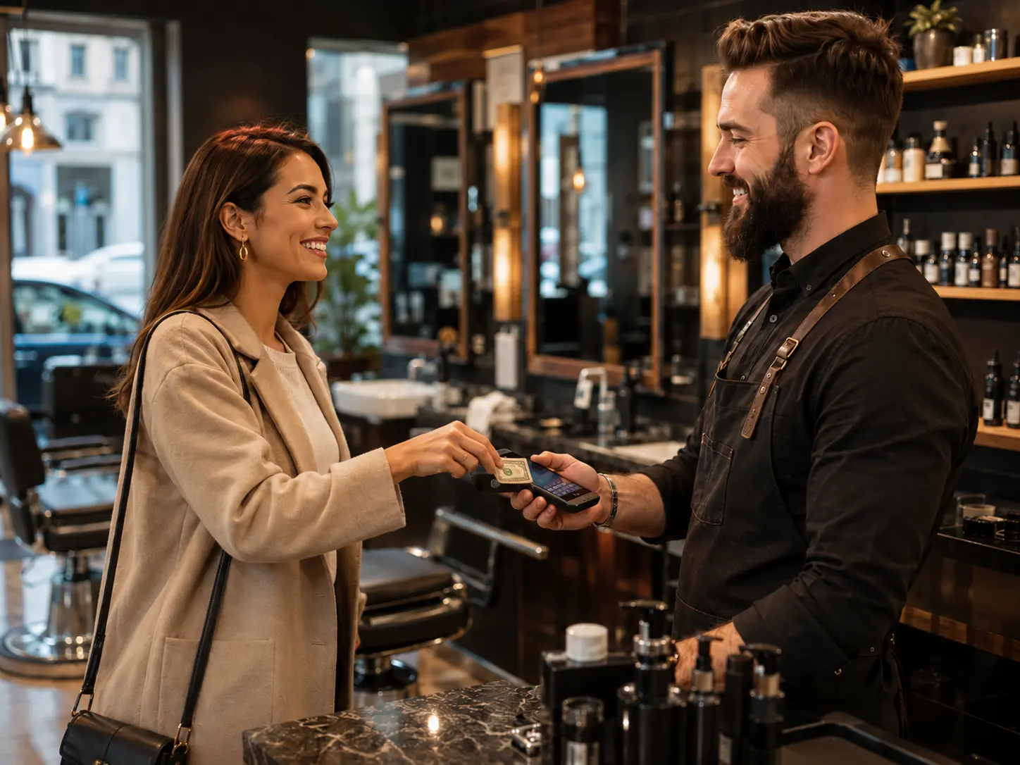 Hair salon online checkout collecting a deposit, tip, and promo code for a booking payment.