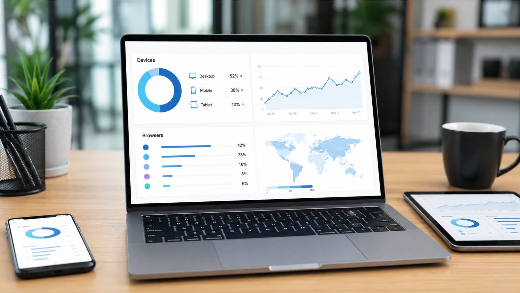 Getme Sites device analytics breakdown for mobile, tablet, desktop, and browser traffic.