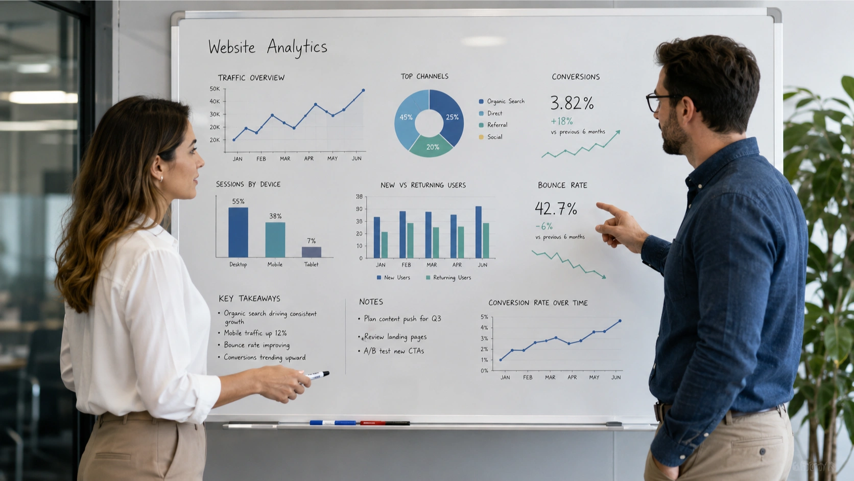 Getme Sites page performance analytics for visits, engagement, and conversion results.