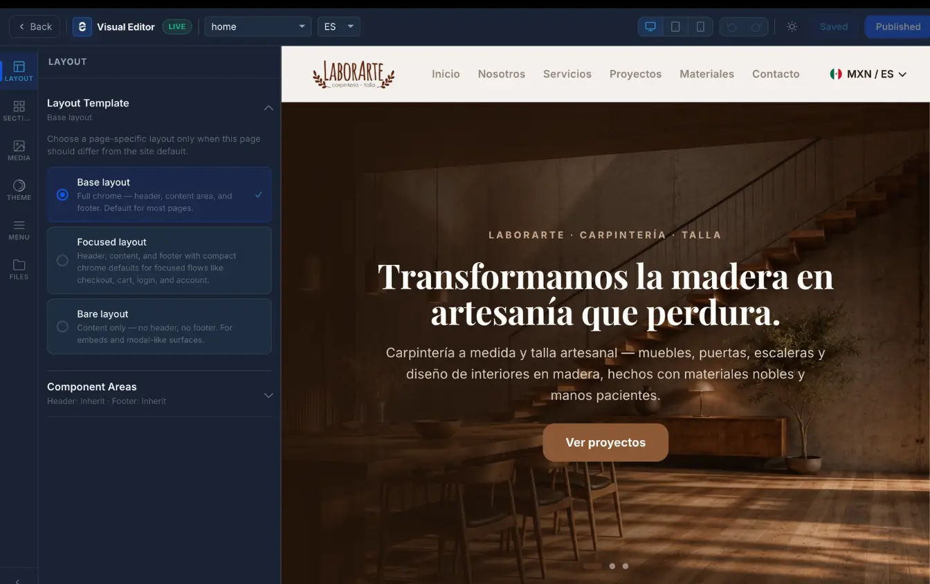 Getme Sites visual editor with drag-and-drop sections and inline styling controls.